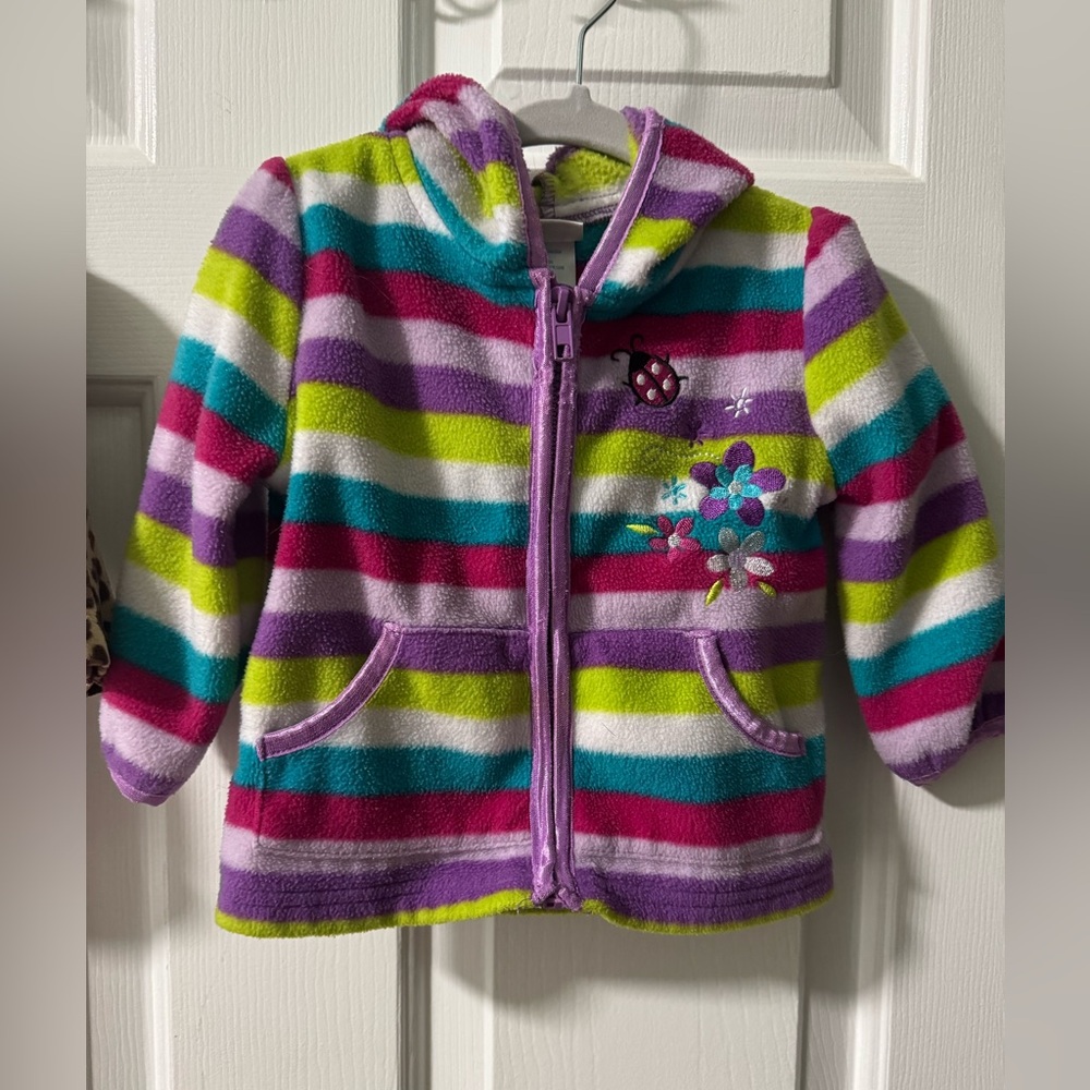 Colorful Striped Fleece Jacket with Hood and Embroidered Flowers